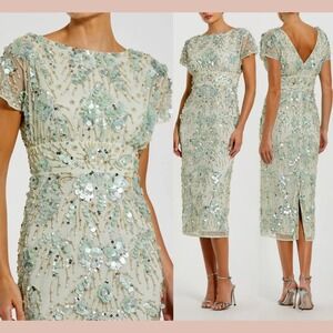 NWT MAC DUGGAL [‎ 12 ] 94150 Embellished Mesh Fitted Cap Sleeve Dress Sage S2020